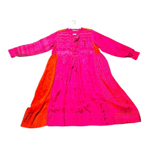 Injiri Shekhawati silk dress women’s medium ombré fuchsia patchwork hand-loomed - Picture 7 of 13